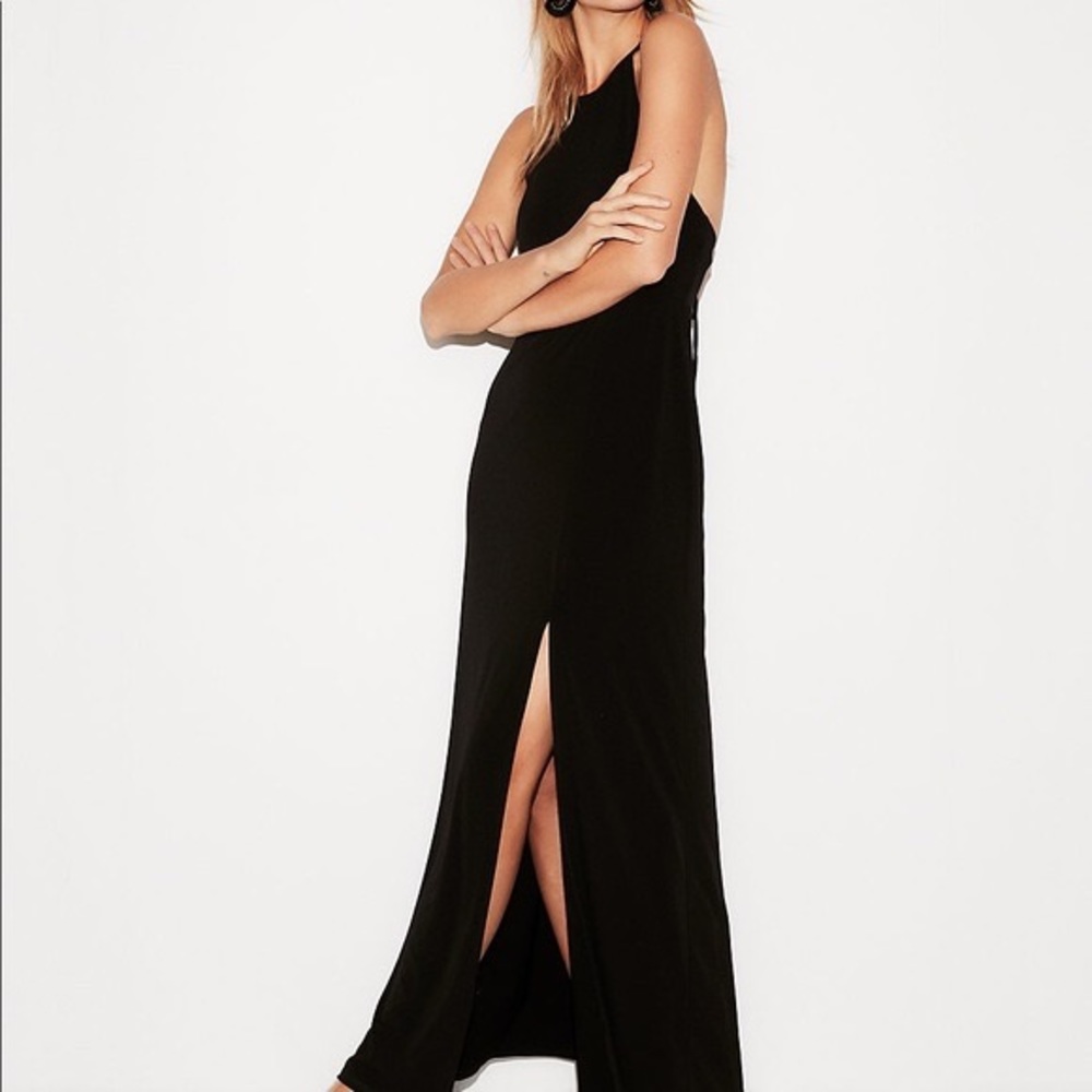 Express high neck front slit maxi dress in black